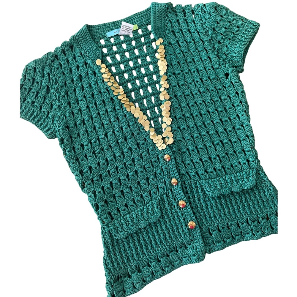 Beth Bowley Crochet Sequin Teal Cardigan Women's Small 100% Cotton Romantic - Picture 5 of 10